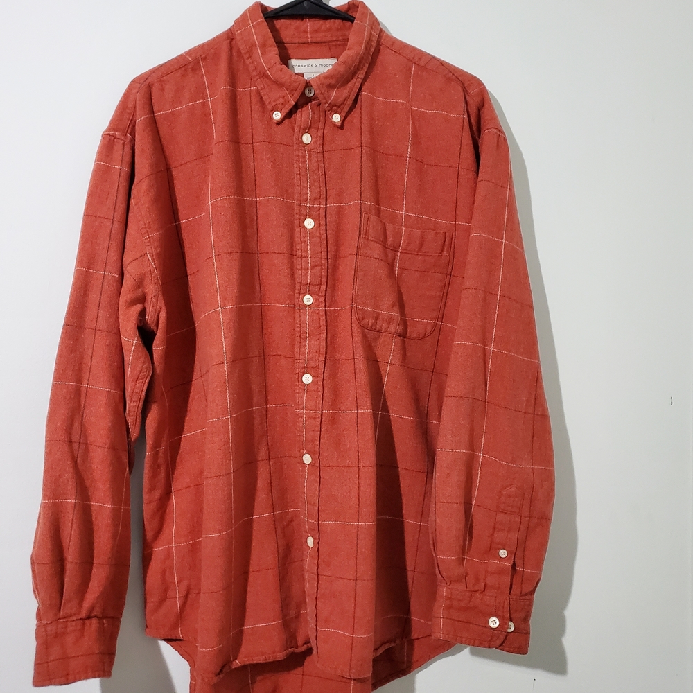 Preswick & Moore Men’s Large Rust Orange Windowpane Plaid Button Down Cotton